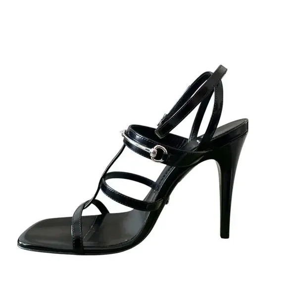 GUCCI Women's Horsebit Caged T Strap High Heel Sandals Black Silver 37.5 US 7.5 - Picture 3 of 16